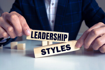 Leadership styles symbol. Businessman hand. Business and Leadership styles concept. Copy space.