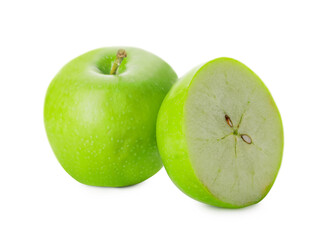 Fresh green apple with piece on white background