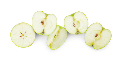 Pieces of fresh green apples on white background