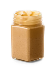 Jar with tasty peanut butter on white background
