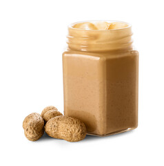 Jar with tasty peanut butter on white background
