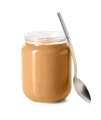 Jar with tasty peanut butter on white background