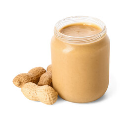 Jar with tasty peanut butter on white background