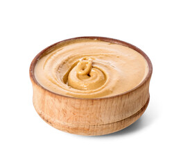 Bowl with tasty peanut butter on white background