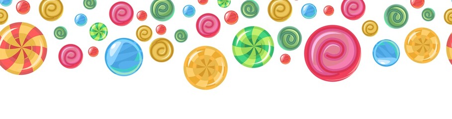 Sweets and scattered. Assorted dessert interspersed. Candy caramel. Seamless. Top seamless border. Flat Background illustration. Vector