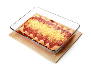 Baking dish with tasty cooked enchilada on white background