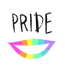 Obraz premium Emotional Lips with Rainbow Lipstick and text. Cartoon style illustration pride mouth and quote. Hand drawn vector facial expression and word