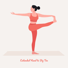   Extended Hand to Big Toe Yoga pose. Young woman practicing yoga  exercise. Woman workout fitness, aerobic and exercises. Vector Illustration.