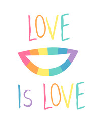 Emotional Lips with Rainbow Lipstick. Cartoon style illustration pride mouth. Hand drawn vector facial expression