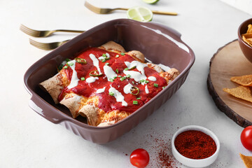 Baking dish with tasty cooked enchilada on table