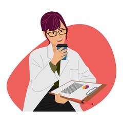 People illustration. Female doctor holding a document and a cup coffee
