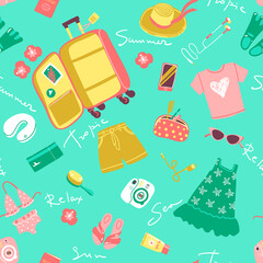 Seamless pattern with travel things. Packing a suitcase for a vacation at sea.