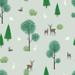 Seamless pattern with forest and forest animals, deers and rabbits. Scandinavian style.