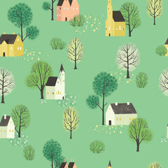 Seamless pattern with old houses in green. Minimalistic Scandinavian style.