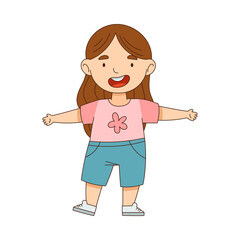Happy Little Girl Standing with Open Arms for Hug Vector Illustration