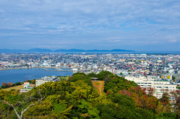 Fototapeta na wymiar Yonago city and Lake Nakaumi, the views from Yonago castle ruins, Tottori, Japan