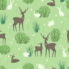 Naadloos patroon met bos en bosdieren, herten en konijnen. Scandinavische stijl.
