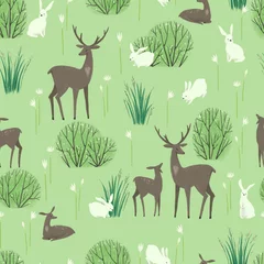 Fotobehang Bosdieren Naadloos patroon met bos en bosdieren, herten en konijnen. Scandinavische stijl.