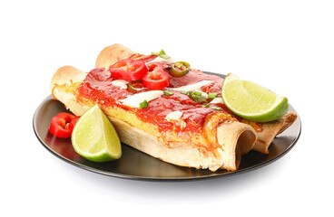 Plate with tasty cooked enchilada on white background