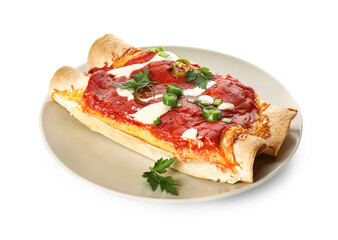 Plate with tasty cooked enchilada on white background