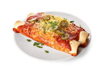 Plate with tasty cooked enchilada on white background