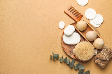 Set of spa supplies on color background