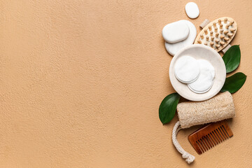 Set of spa supplies on color background