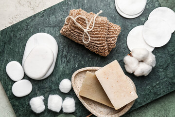 Set of spa supplies on color background