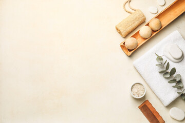Set of spa supplies on light background