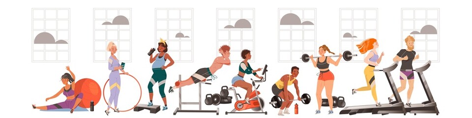 Fototapeta premium People Characters Doing Sport and Physical Exercise at Gym Training Body and Muscle Vector Illustration