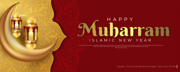 Elegant islamic new year creative card poster background. lamp golden on luxury concept. vector illustration for design.