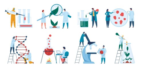 Scientists working in laboratory. Researchers, biologists doing science experiments. Dna research, pharmaceutical chemistry concept vector set. Examining plant with with magnifier, analyzing liquid