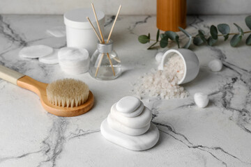 Set of spa supplies on white background