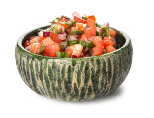 Bowl of tasty Pico de Gallo salsa on white background