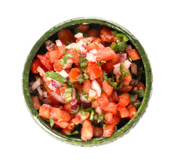 Bowl of tasty Pico de Gallo salsa on white background