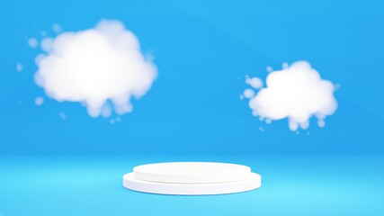 3D podium display, pastel blue background with cloud. 3D render