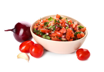 Bowl of tasty Pico de Gallo salsa on white background