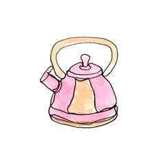 Teapot. Kitchen utensils, cooking utensils and equipment. Single line.The illustration is hand-drawn in liner and watercolour.