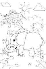 Jungle, Africa safari animal Elephant coloring book edicational illustration for children. Vector white black cartoon outline illustration