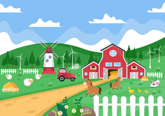 Obraz na płótnie Canvas Cute Cartoon Farm Animals Vector Illustration With Cow, Horse, Chicken, Duck, or Sheep. For Postcard, Background, Wallpaper, and Poster