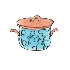 Saucepan. Pot. Kitchen utensils, cooking utensils. Single line.The illustration is hand-drawn in liner and watercolour.