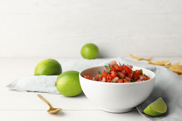 Bowl of tasty Pico de Gallo salsa on table