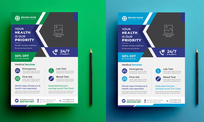 Green and Blue Medical Healthcare Flyer Template, Poster, Brochure Layout.COVID-19 Coronavirus Campaign Flyer & Poster Design