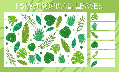 I spy game. Childrens educational fun. Count how many nature elements. Flat hand drawn tropical leaves with folk ornaments. Vector jungle template worksheet for preschool games.