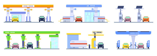 Petrol Gas Carging station set. Set of elements for construction of urban landscapes. Vector flat illustration