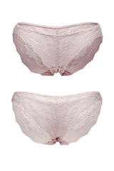 Detail shot of pale pink slip panties made of fine lace with floral design. Sexy lingerie is isolated on the white background. Front and back views. 