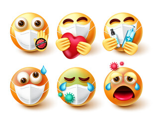 Covid-19 smiley emoji vector set. Emojis 3d character in care, sick and infected emotions with face mask and sanitizer element for stop covid campaign emoticon collection design. Vector illustration
