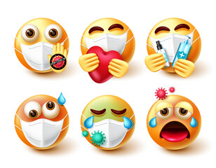 Obraz premium Covid-19 smiley emoji vector set. Emojis 3d character in care, sick and infected emotions with face mask and sanitizer element for stop covid campaign emoticon collection design. Vector illustration 