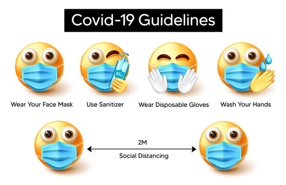 Covid-19 guidelines emoji vector design. Covid-19 guidelines text with smiley 3d characters wearing face mask, hand washing and social distancing for preventive measure emoticon signage.
