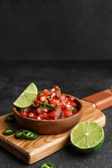Plate of tasty Pico de Gallo salsa on dark background